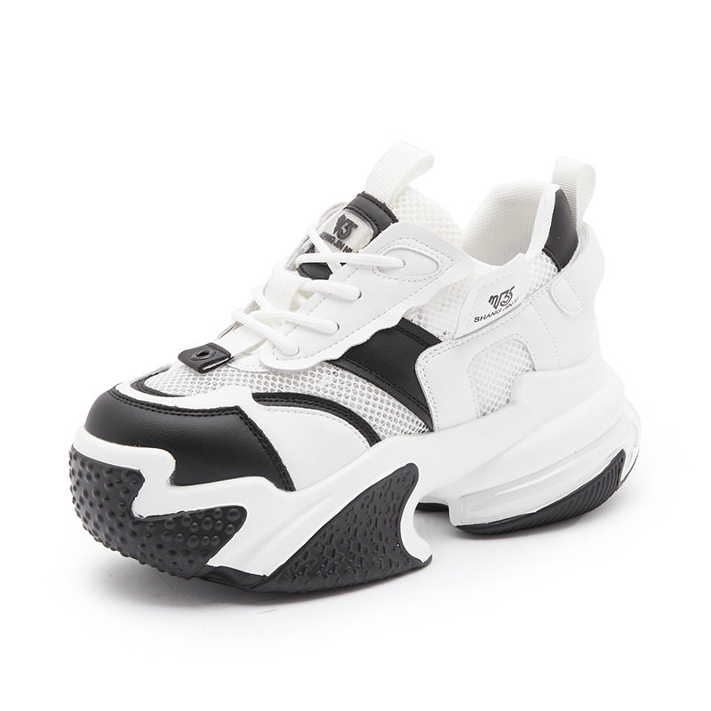 Giày sneaker nữ chunky đế dày da bò thật phối lưới thoáng khí, gót siêu cao 8 cm, tăng chiều cao — Trắng, đen, Xám, Hồng