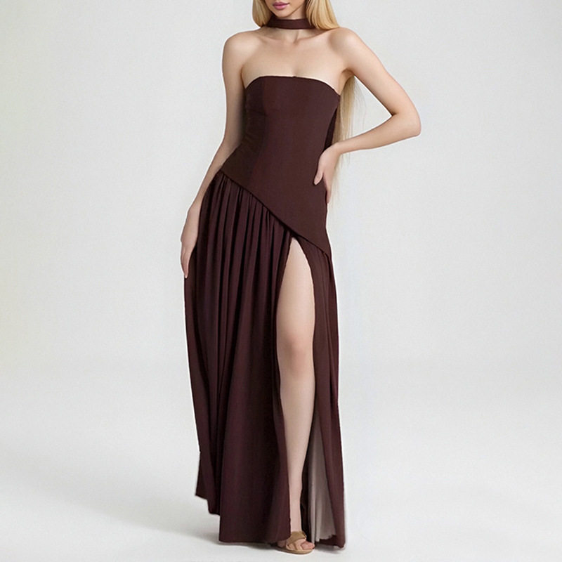 Womens Summer Dress Elegant Solid Color Pleated Design Side Slit Perfect for Casual or Formal Occasions Wholesale