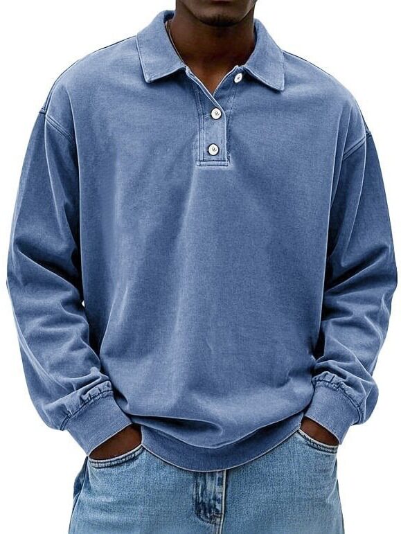 2025 新款跨境亚马逊速卖通春夏季男装长袖POLO衫纯色套头纽扣T恤