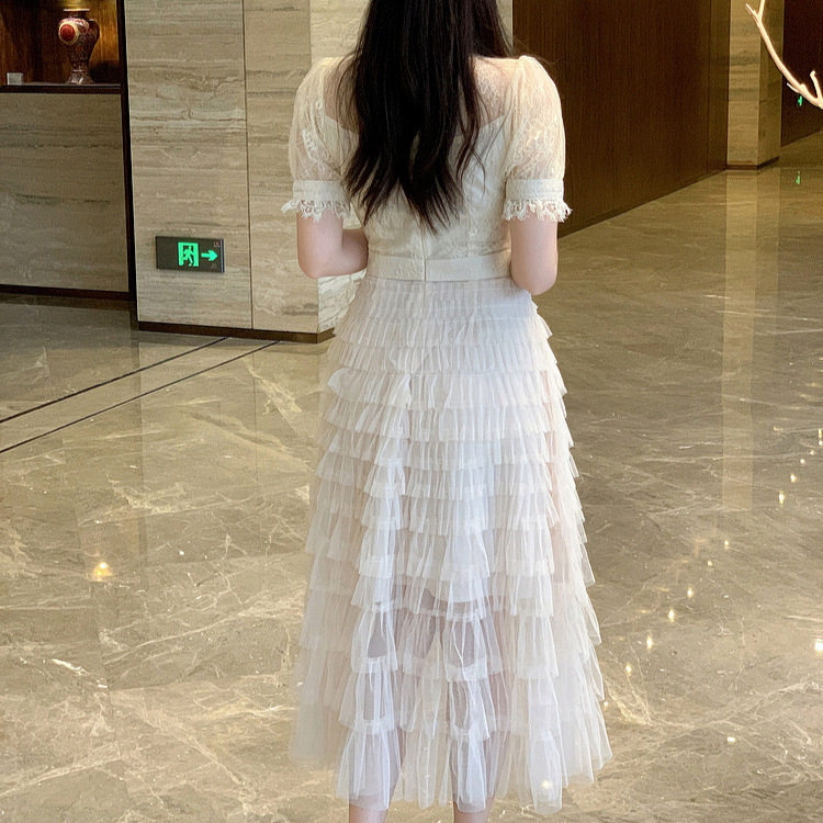 Lace Mesh A Line Dress Elegant High Collar Short Sleeve Slim Fit Summer Cocktail or Party Wear OEM Available