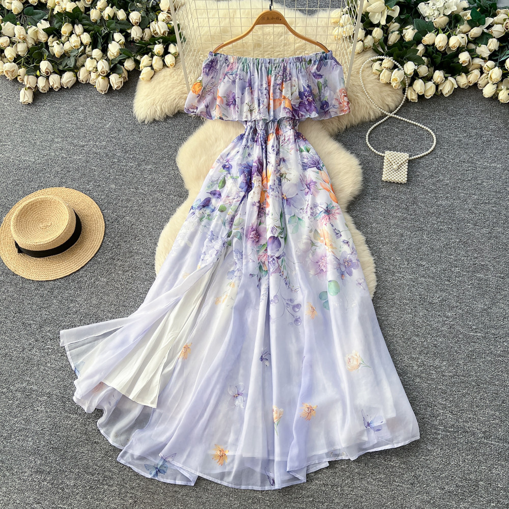 Off Shoulder Ruffle Hem Floral Maxi Dress High Waist Slim Fit Elegant Spring Summer Vacation Style Wholesale
