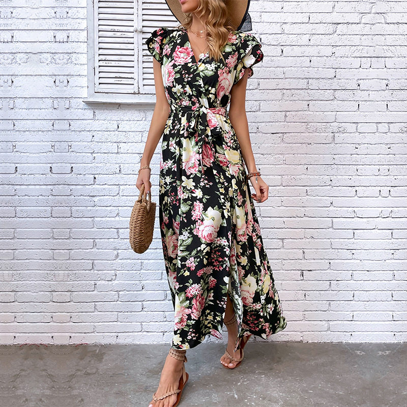 Summer Floral Maxi Dress Mid Length Split Design Lightweight Fabric Beach Vacation Wear Wholesale Available