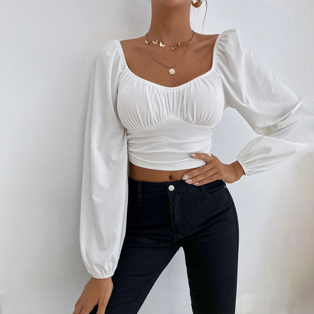 Casual Womens T Shirt Long Sleeve Waist Defined Short Crop Spring Summer Fashion for Parties and Vacations