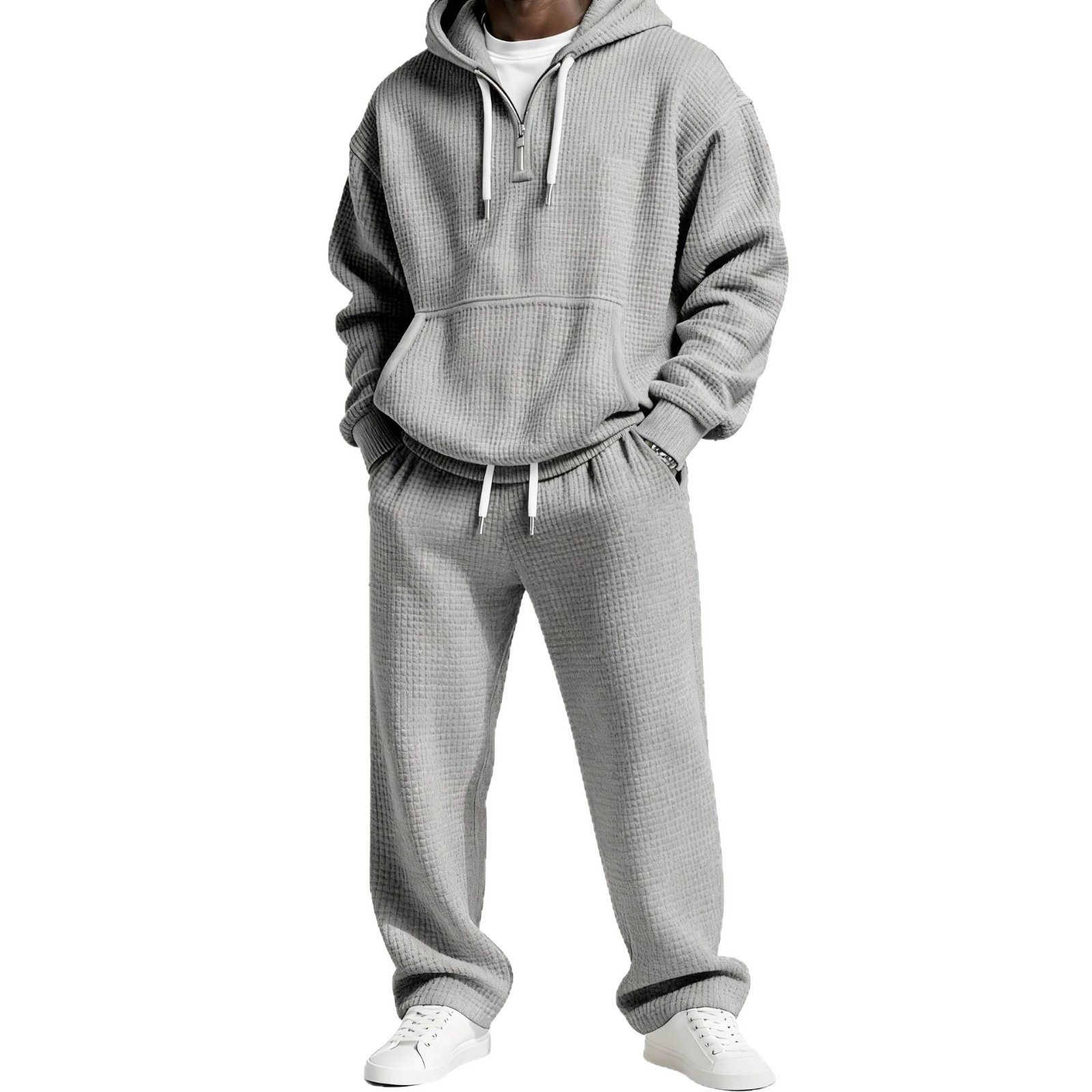 跨境亚马逊爆款秋冬华夫格连帽卫衣卫裤套装3D印花休闲运动套装男