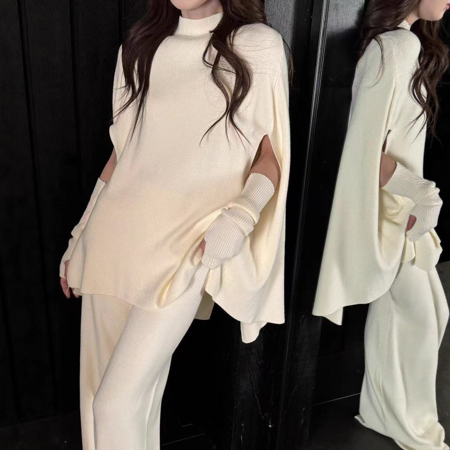 Fashionable Sweater Suit Korean Style Autumn and Winter New Knitted Wide-Leg Pants + Half Turtleneck Top + Vest Three-Piece Set