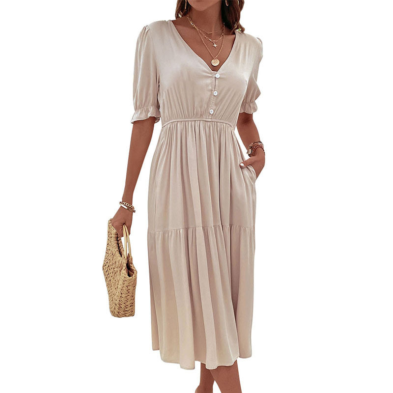 Casual Puff Sleeve V Neck Dress Simple Design Wrinkled Fabric Solid Color Perfect for Office Wear Wholesale