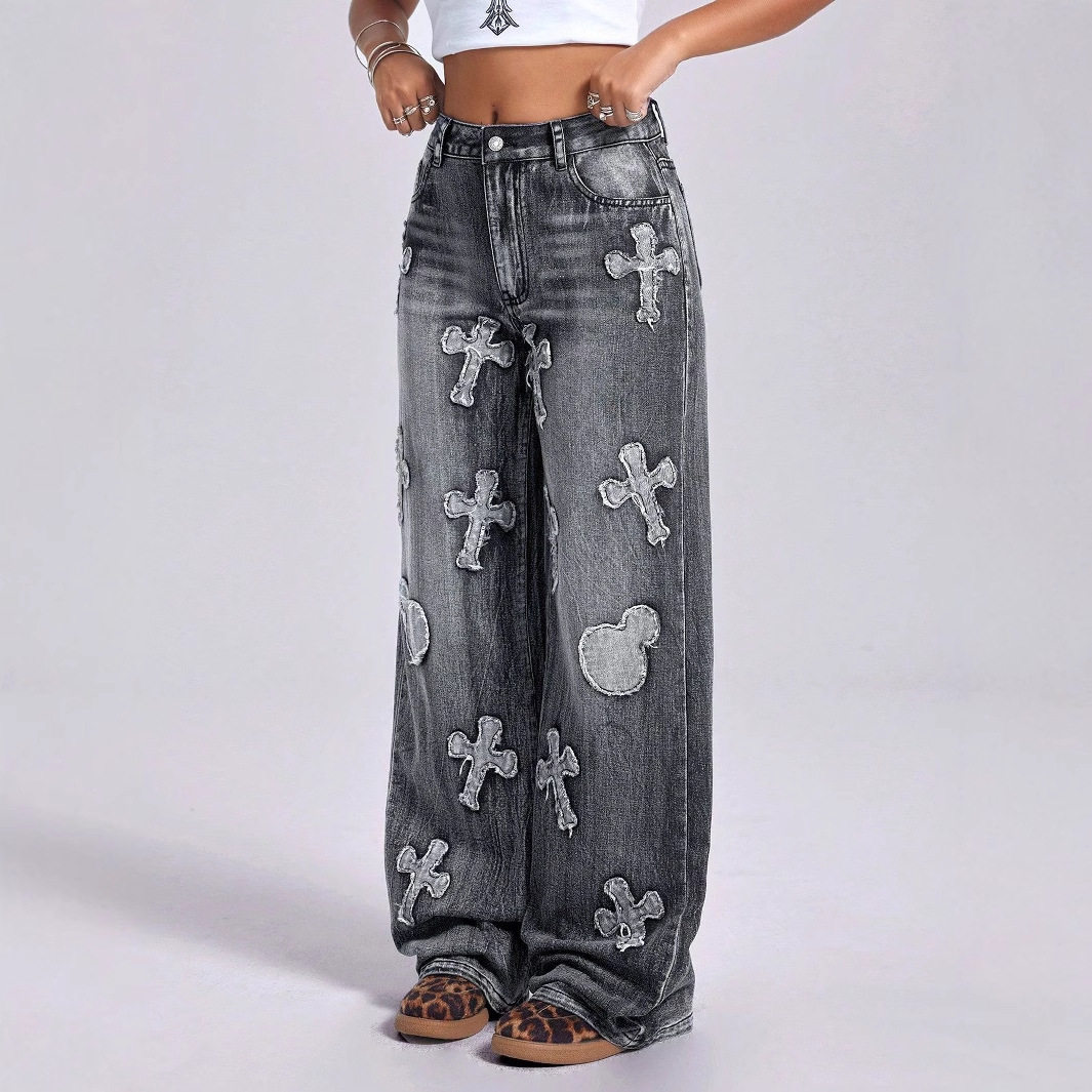Vintage Embroidered Cross Denim Jeans Womens Straight Leg Retro Style Casual Wear Wholesale Available