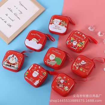 New Tinplate Coin Purse Cartoon Square Coin Zipper Bag Headset Data Cable Christmas Storage Box