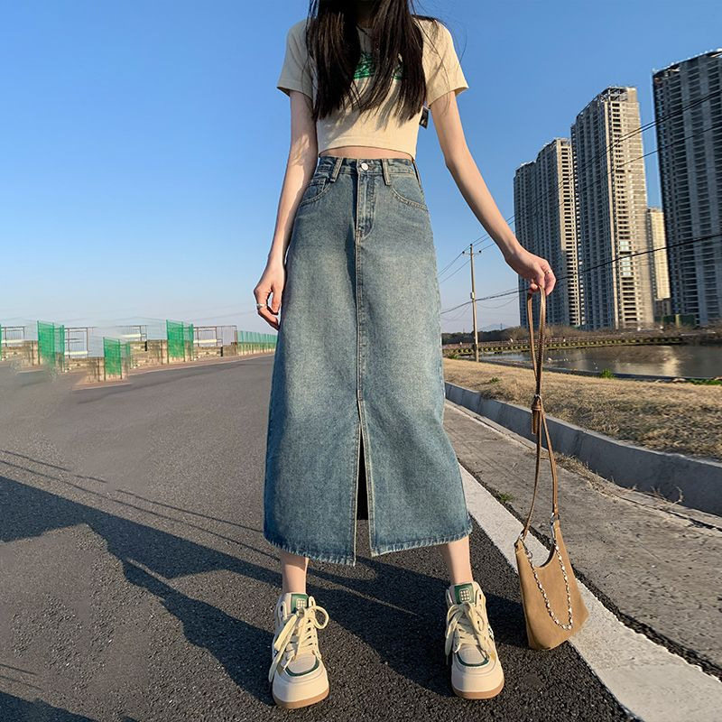 High Waisted Slim Fit Midi Denim Skirt Versatile Bodycon Side Slit Spring Summer Fashion Wholesale Available