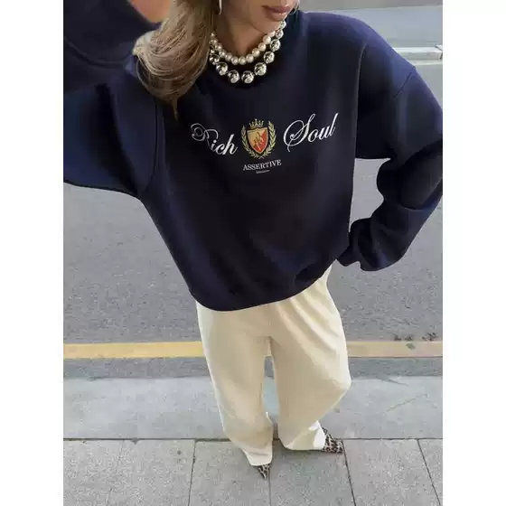 2024 European and American Style Autumn and Winter New Casual Joker Loose fleece-lined Thickened Fashion Printed Pullover Round Neck Sweat for Women