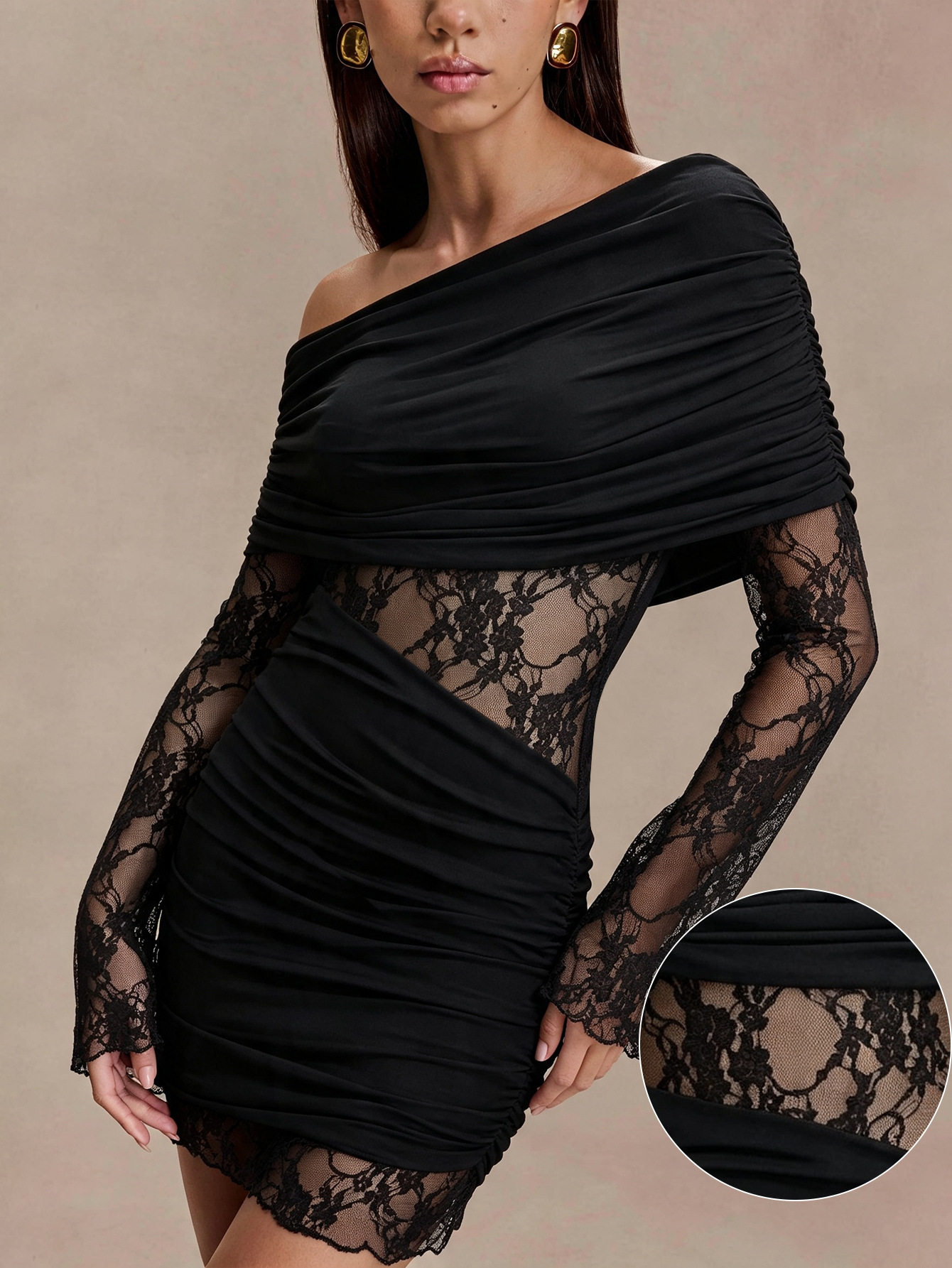 Asymmetrical Long Sleeve Bodycon Dress Lace Paneling Slim Fit Sexy Style Perfect for Parties and Night Out