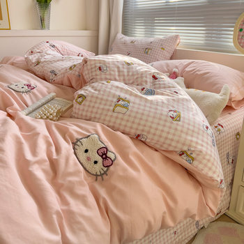 Category a Maternal and Infant Grade Naked Sleeping Cartoon Cotton Towel Embroidered Four-Piece Set Soft Waxy Bed Bed Sheets Quilt Cover Student Dormitory Three-Piece Set