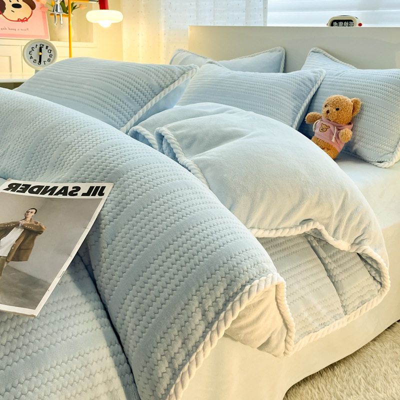 2025 New Finished Jacquard Edge Milk-Colored Four-Piece Bedding Set, Coral All-Season Style Bed Sheet Embroidery Dormitory Three-Piece Set