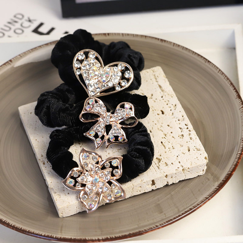 Clearance Sale! Elegant Black Rhinestone Bow Hair Tie, Heart-Shaped Full Rhinestone Hair Ring, Ponytail Bun Hair Tie
