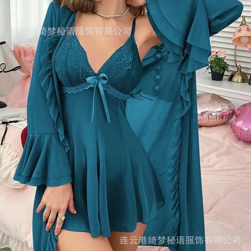 跨境亚马逊情趣内衣夏季网纱睡衣透视外套吊带性感薄款睡裙网纱女