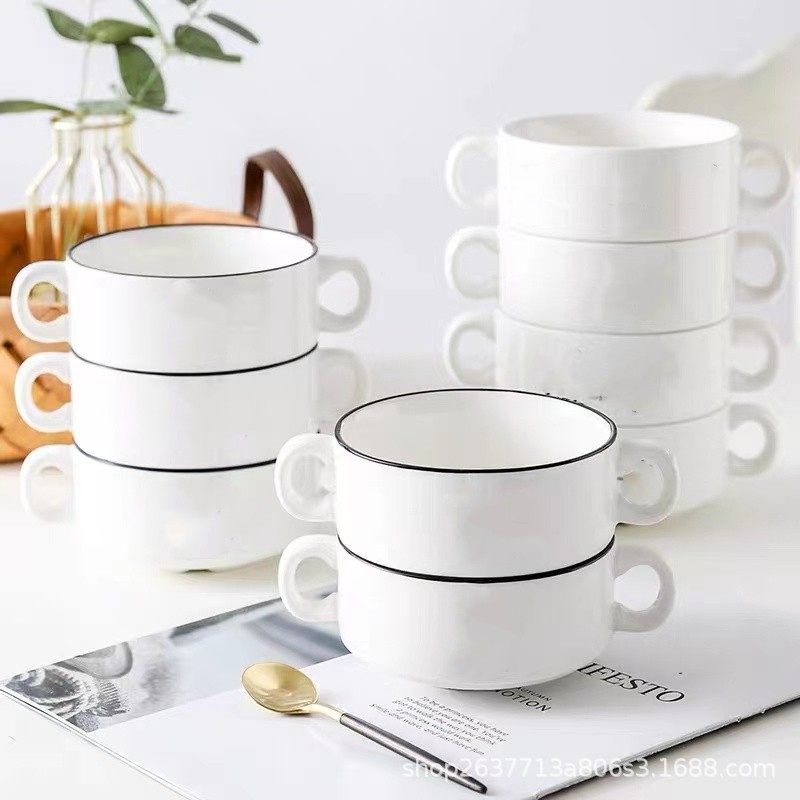 Ceramic Binaural Cup Set Western Soup Bowl Baking Dessert Bowl Hotel Restaurant Soup Bowl Bird's Nest Steamed Egg Bowl Breakfast Bowl
