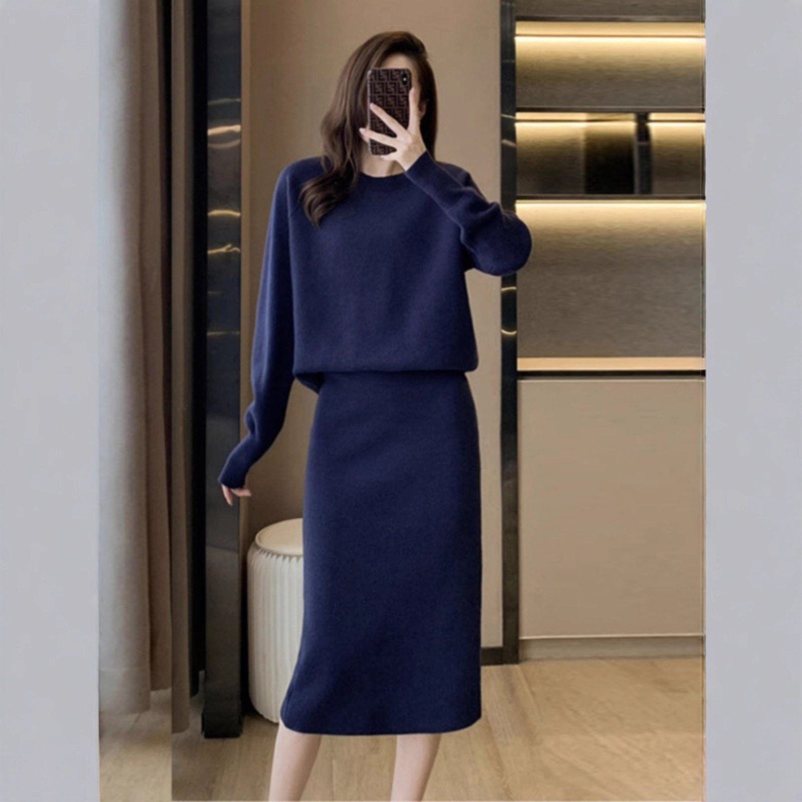 2025 Tweed Style Winter Bat Sleeve Pullover Knitwear Women's Knitwear Two-Piece Skirt Slim Slit over the Knee