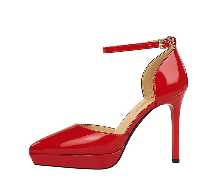 Sandal cao gót nữ mũi nhọn quai ngang da bóng gót nhọn phong cách Âu Mỹ — Màu đen, Màu đỏ, Màu nude