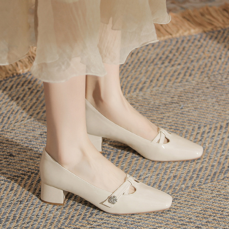 Giày cao gót nữ mũi vuông gót thô 4.3cm phong cách thanh lịch — màu đen, Màu nude, Màu trắng
