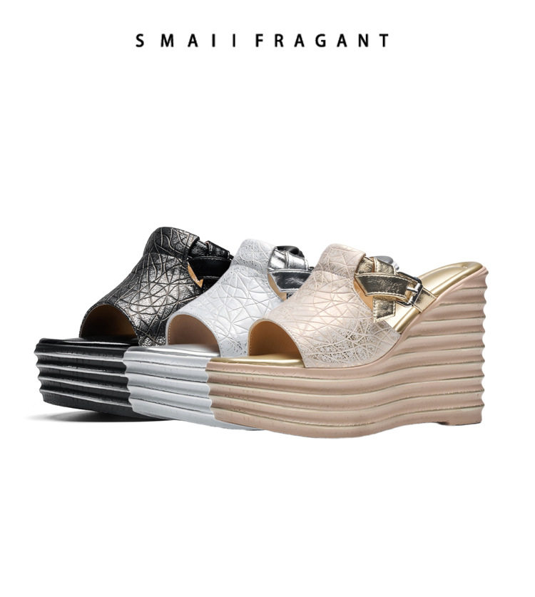 Dép sandal nữ quai chữ V da thật đế xuồng cao 12 cm — [Bạc], [Đen], [Vàng nhạt] chi tiết 8
