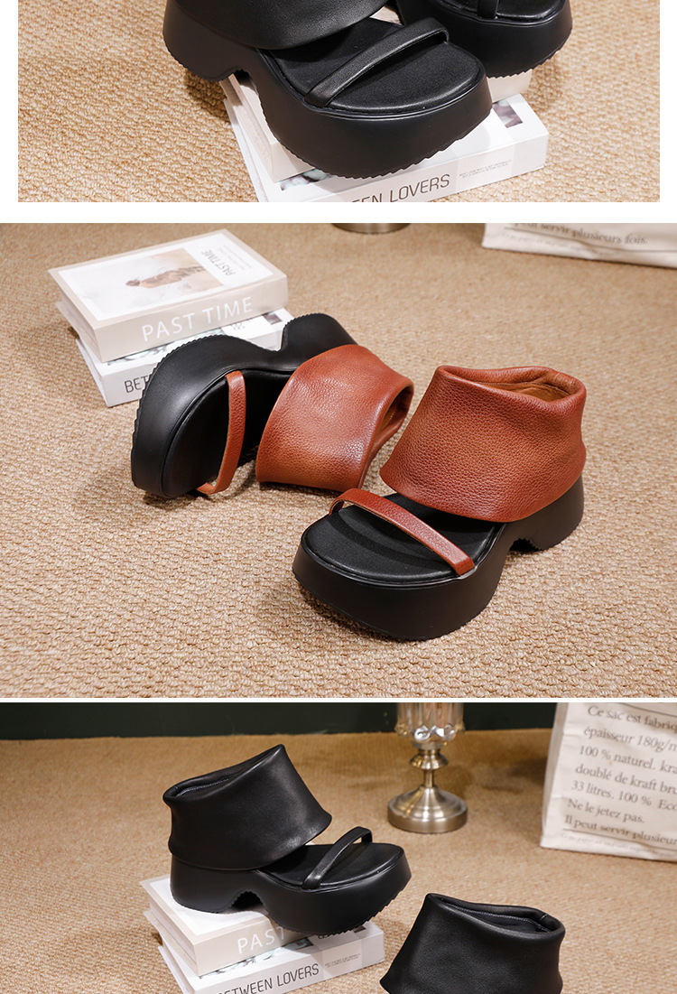 Sandal La Mã nữ da bò thật đế dày gót cao thoải mái — màu đen, Màu nâu