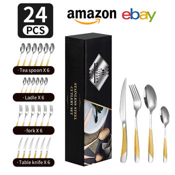 Amazon Cross-border Stainless Steel Tableware 24 Pieces suit Star Diamond Knife and Fork Spoon Western Restaurant Steak Knife and Fork suit