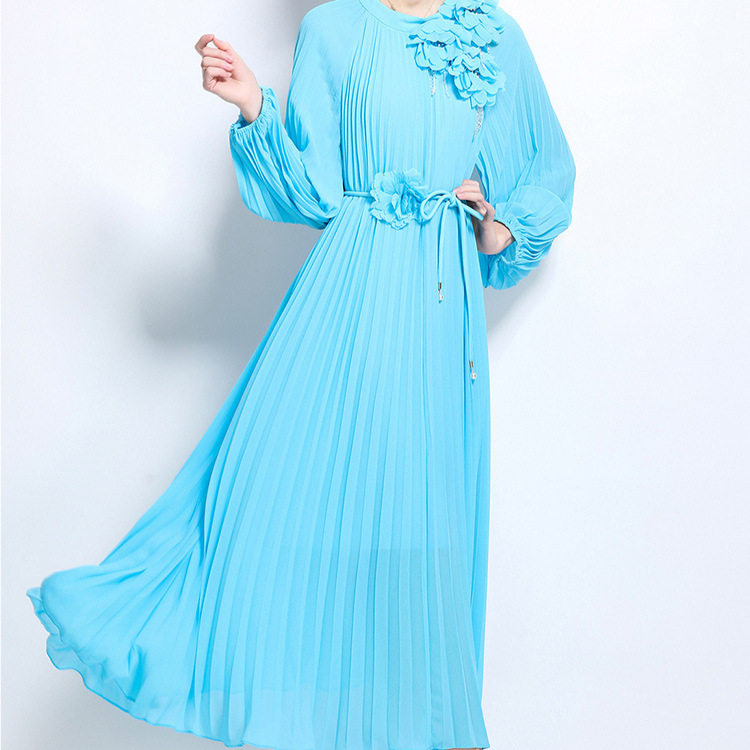 Elegant Womens Dress French Beaded 3D Floral Design Lantern Sleeves Pleated Waist Defined Wholesale Available