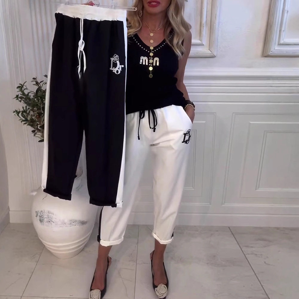 Womens Loose Fit Color Block Straight Leg Pants Summer Collection Casual Style with Pockets Wholesale Available