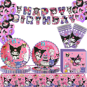 Kuromi Paper Plate Paper Cup Paper Towel Tablecloth Tableware Set Disposable Birthday Party Supplies Atmosphere Decoration