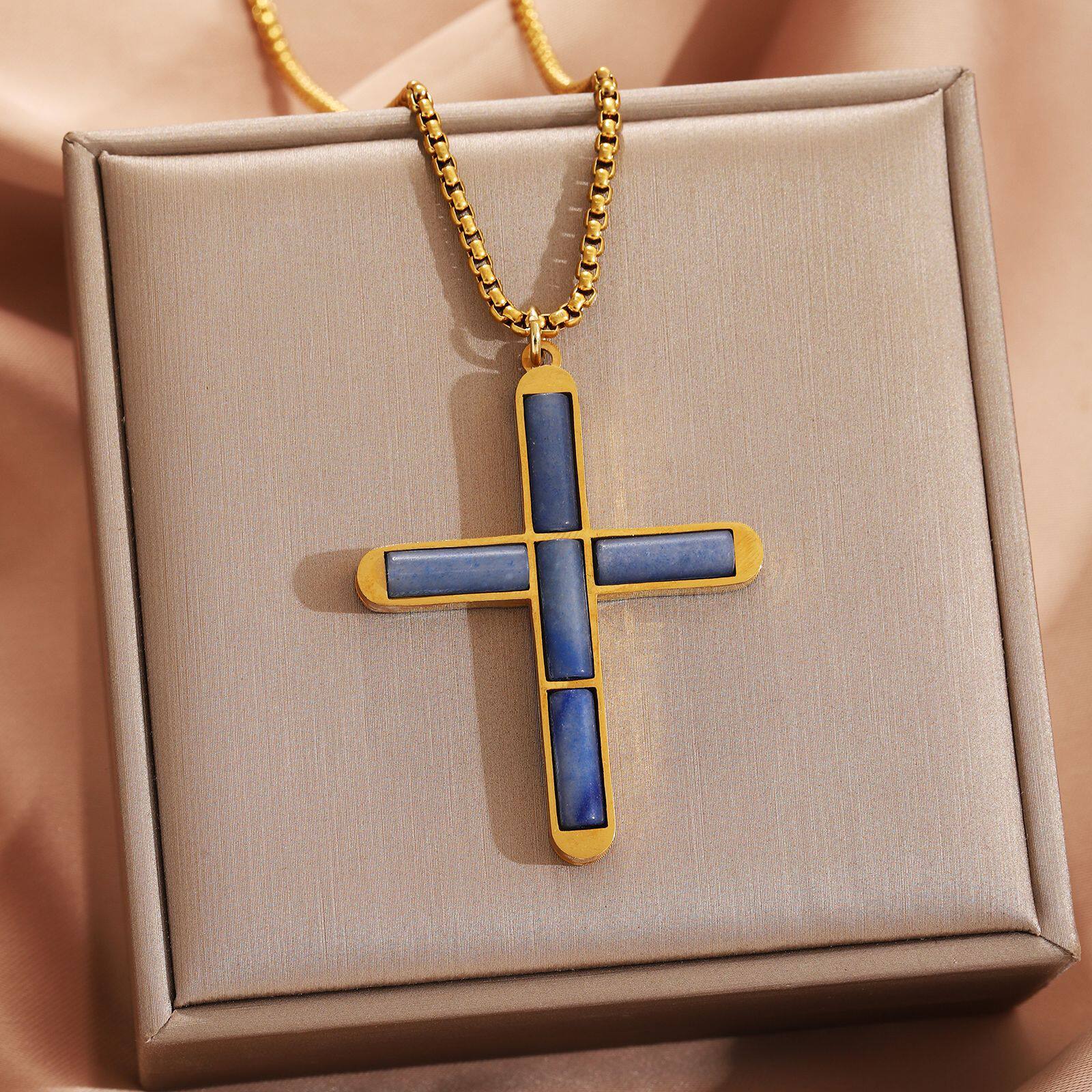 European and American Cross-Border Shoushan Stone Tiger Eye Stone Cross Pendant Stainless Steel Square Chain Necklace Men's and Women's Jewelry Wholesale