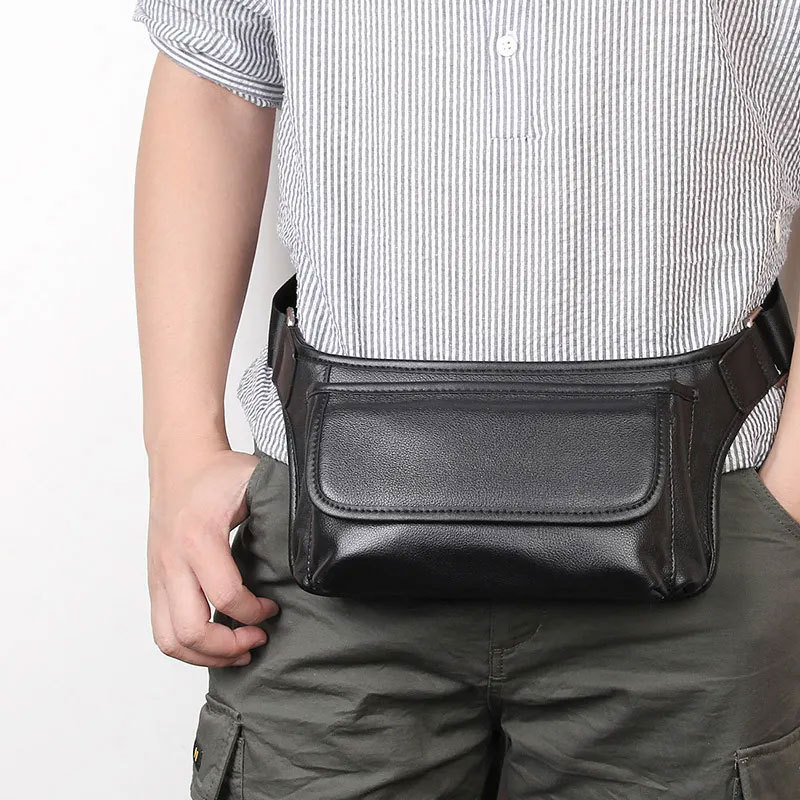 Túi bao tử nam da bò thật đeo bụng đeo chéo phong cách đơn giản — Màu đen