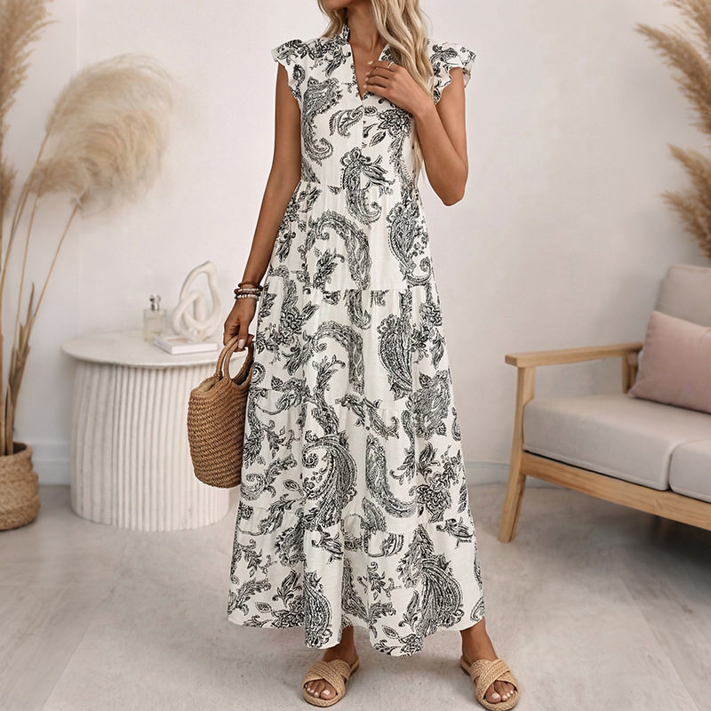 Casual Floral Print V Neck Short Sleeve Cake Dress Bohemian Style Perfect for Summer Vacations Wholesale Available