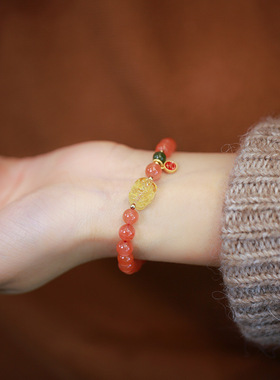 天然凉山南红玛瑙蜜蜡貔貅手链女樱桃红圆珠碧玉搭滴油吉福手串