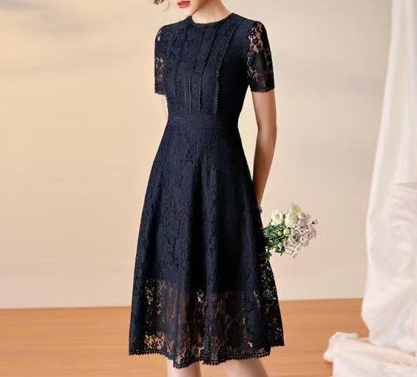 Lace Hollow Out Midi Dress Summer Collection Flattering A Line Silhouette Round Neck Comfortable Fabric Wholesale