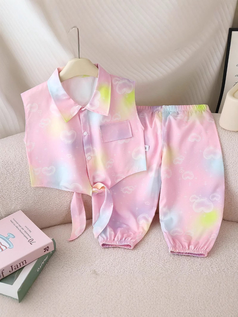 Nuovo set canotta fresca stampata bambine, estivo carino stile pastorale outfit pantaloni anti-zanzare rinfrescante