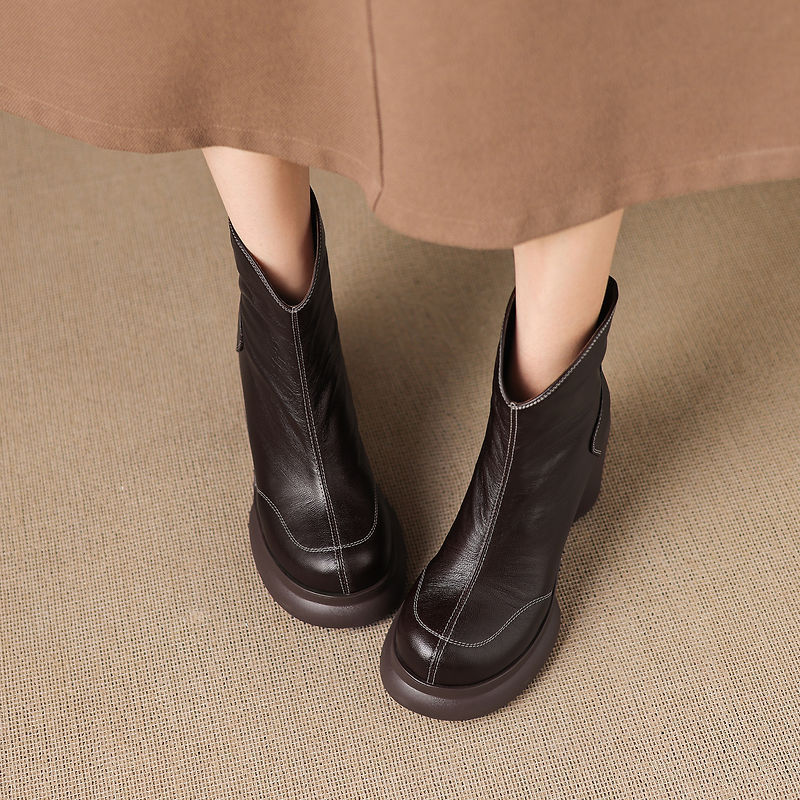 Boot nữ cổ ngắn da cừu gót thô khóa kéo sau — Lớp lót đơn màu đen, Lớp lót đơn màu nâu, Lót nhung đen, Lót nhung màu nâu