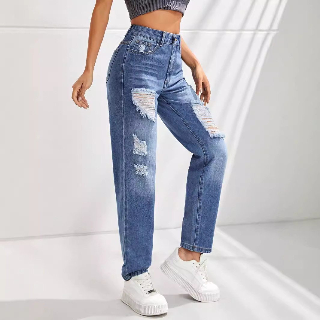 Womens Casual Slim Fit Ripped Straight Leg Jeans Comfortable Denim Fabric Perfect for Everyday Wear Wholesale Available