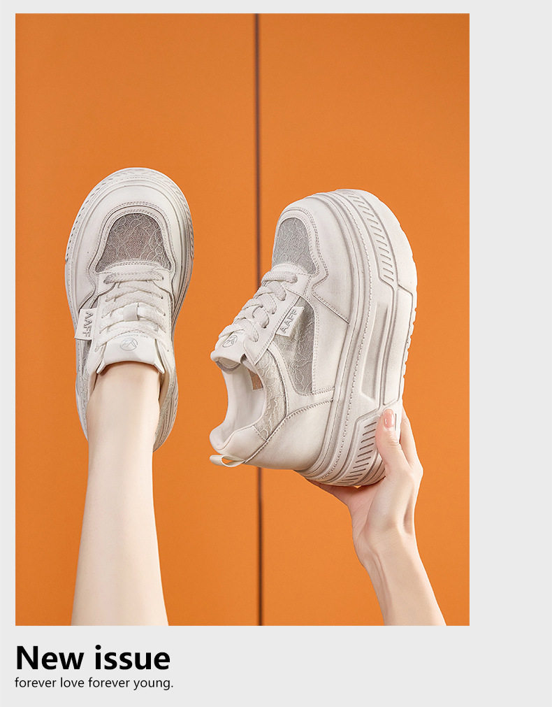 Giày platform nữ đế xuồng trắng thoáng khí, gót siêu cao 8 cm, mũi tròn, dây buộc phía trước — Xanh dương, Hồng, Xám, Trắng chi tiết 20