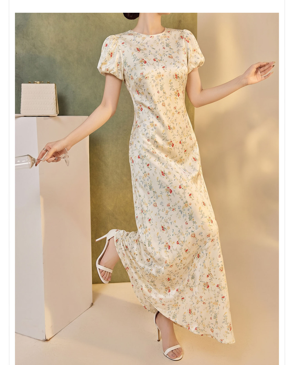 Đầm maxi nữ họa tiết hoa nhí cổ tròn tay phồng dáng chữ A thắt eo — Hoa nhí vàng