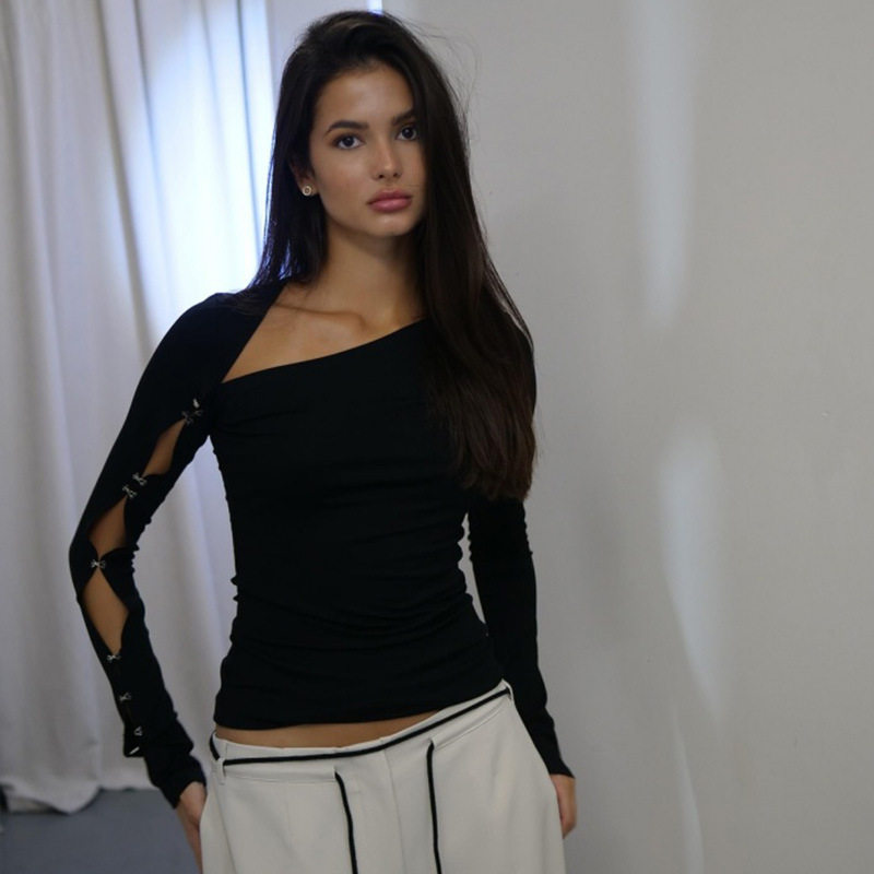 Womens Long Sleeve Slim Fit Top Solid Color Asymmetrical Shoulder Hollow Out Design Spring Fashion OEM Available