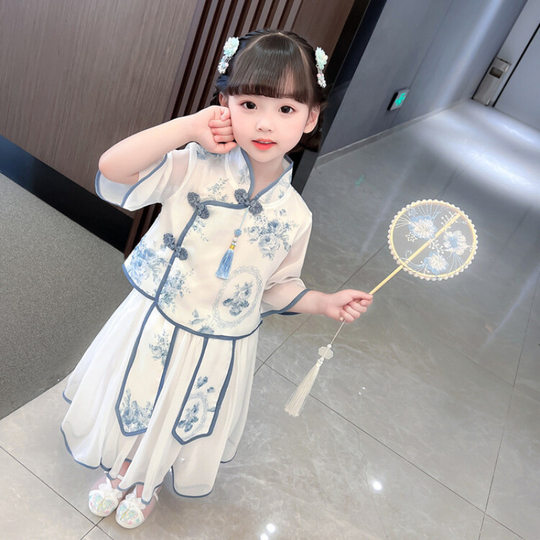汉服儿童中国套装女童洋气古风夏季复古宝宝唐装青花瓷网红夏款