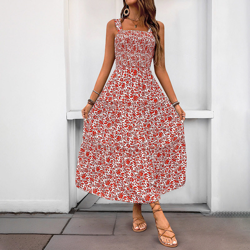 Summer Floral Maxi Dress Sleeveless Elastic Waist Casual Style Perfect for Beach or Outdoor Events Wholesale