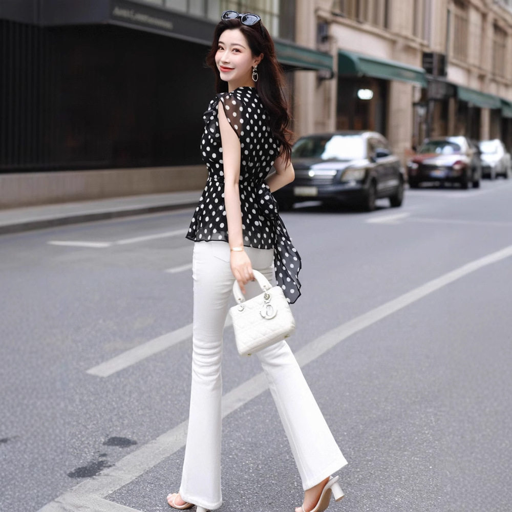 Áo sơ mi voan nữ tay ngắn họa tiết chấm bi phong cách phương Tây — [Chấm bi] chi tiết 7