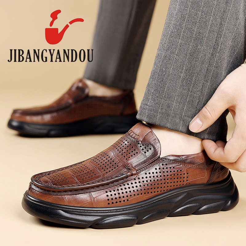 Giày Lười Nam Da Bò Đục Lỗ Thoáng Khí Chiều Cao Đế Khoảng 4cm Màu Nâu, Đen