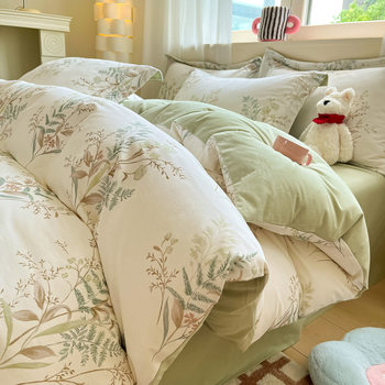 Small fresh thick cotton sanding four-piece autumn and winter student dormitory cotton three-piece bed sheet quilt cover