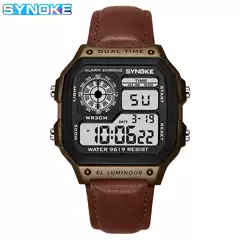 Factory Goods Synoke Retro Trendy Men's Sports Electronic Watch with Leather Strap Style, Waterproof, Multifunctional, Luminous, Square-Shaped