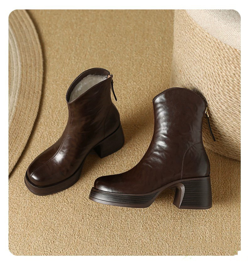 Boot nữ cổ thấp gót thô phong cách thời trang thanh lịch — Màu đen, Màu nâu