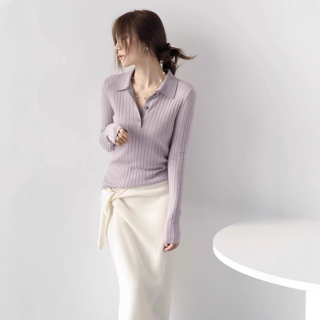 MZOXMO气质polo领优雅大方澳洲美丽诺羊毛竖条纹针织衫女春秋毛衣