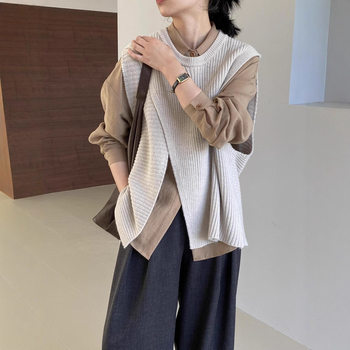 Autumn 2025 New Style Vest Slit Design Round Neck Sweater Vest Retro Slim Long-Sleeved Shirt Two-Piece Suit