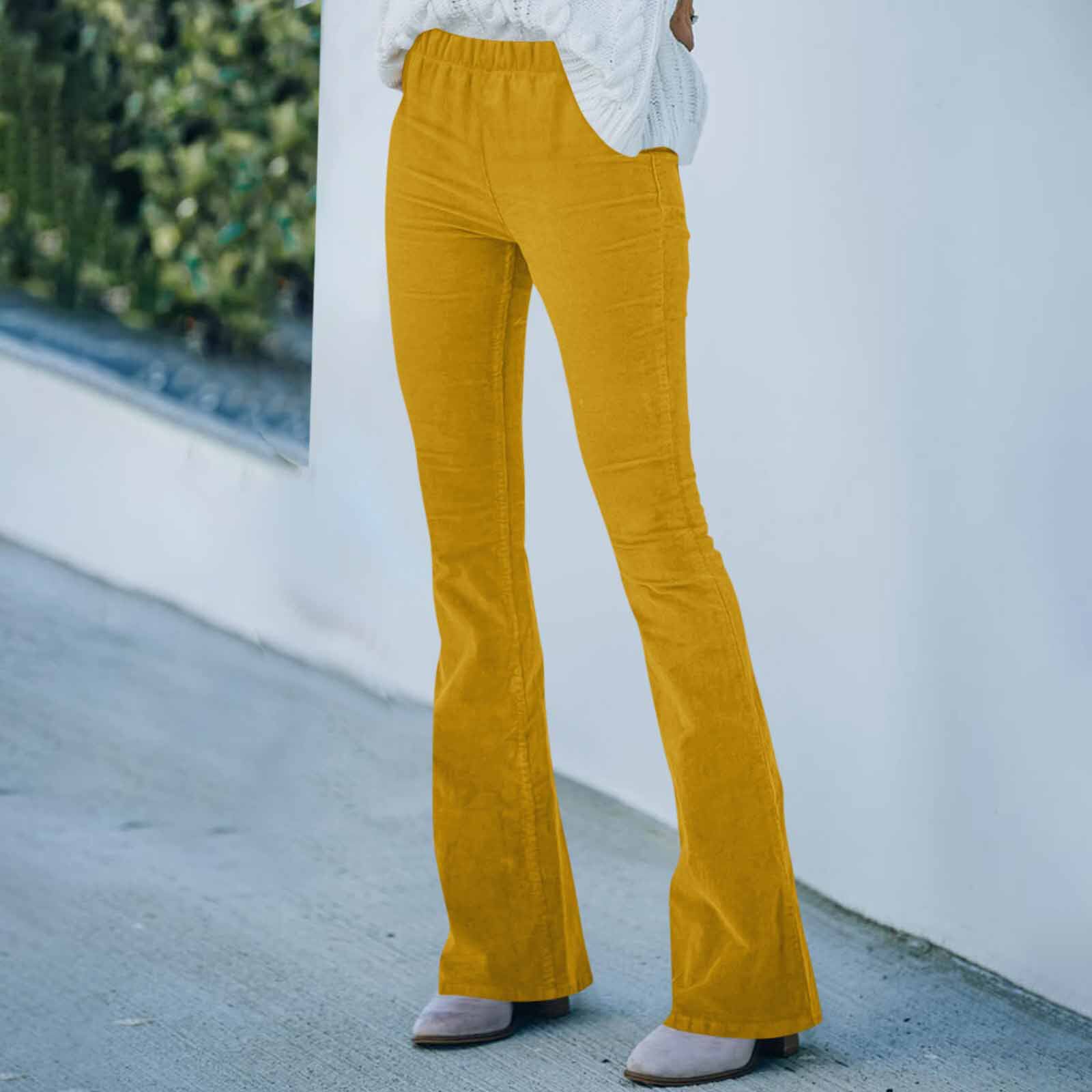 High Waisted Corduroy Slim Fit Flare Pants Solid Color Elastic Waist Casual Style Spring Summer Collection